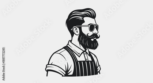 Confident Stylish Man with Beard, Pompadour Hairstyle, and Sunglasses Wearing Apron in Bright Studio with Light Gray Background