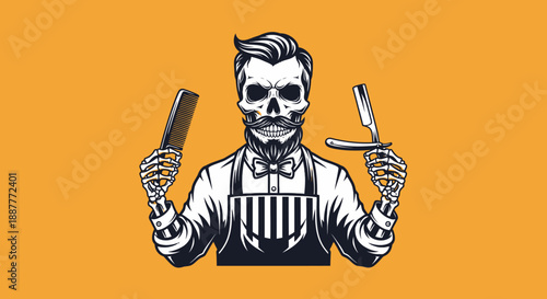 Skull Barber with Beard and Moustache Holding Straight Razor and Scissors Wearing Apron in Bright Studio with Orange Background