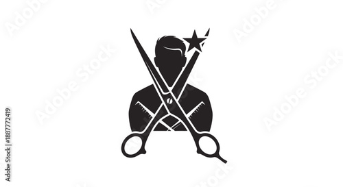 Stylized Barber Head with Crossed Scissors and Star Logo on Isolated White Background