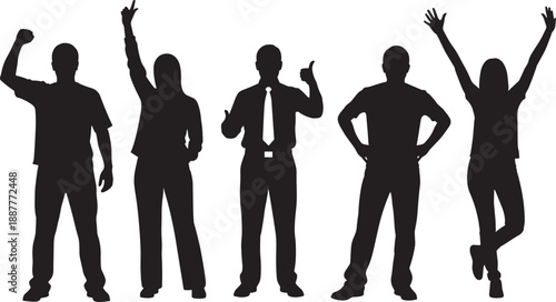 Diverse professional group silhouettes of men and women celebrating success, showing thumbs up, and cheering isolated on white background for teamwork and community concepts.