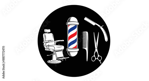 Barbershop Pole Chair and Tools Icon in Dark Circle on Bright Studio Background