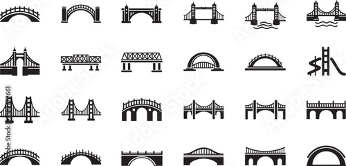 Collection of black and white bridge silhouettes including suspension, arch, and truss designs isolated on white background for architectural engineering and infrastructure development concepts.
