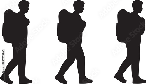 3 Human Silhouettes Carrying Backpack – Flat Minimal Vector Illustration of Travel & Daily Life