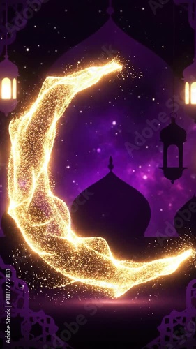 Beautiful animated scene of glowing crescent moons with starry night background and hanging lanterns creating a mystical atmosphere.