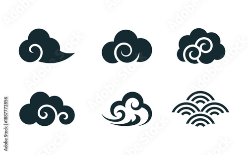 Japanese style cloud icons, ocean wave patterns, calm wind motifs, mid autumn festival banner, moon viewing flyer, zen decor vector