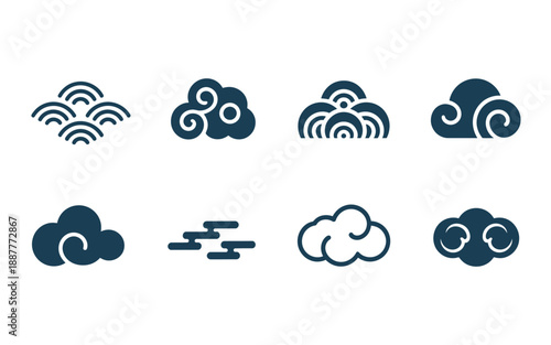Minimal cloud icon collection, soft rounded shapes, zen weather symbols, meditation retreat flyer, spa branding, calm sky decoration vector