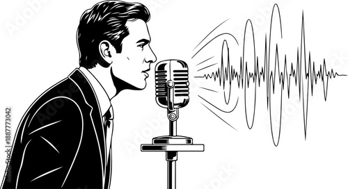Retro Man Speaking into Vintage Microphone with Sound Waves Vector