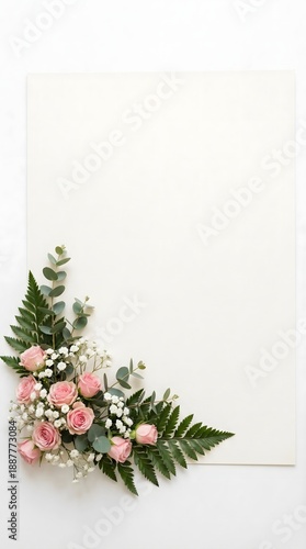 Delicate Pink Roses and Greenery Arrangement on White Background