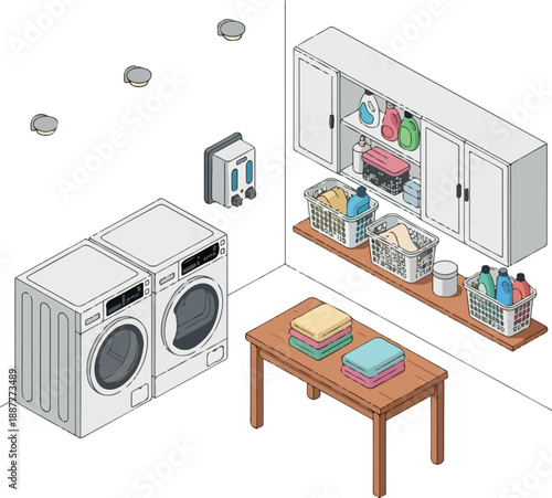 Clean Laundry Room Illustration with Washer, Dryer, and Folding Table