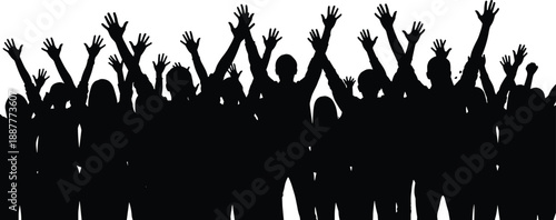 Cheering crowd silhouettes with raised hands symbolizing celebration, unity and excitement, black people vector illustration isolated on white background for concert, festival