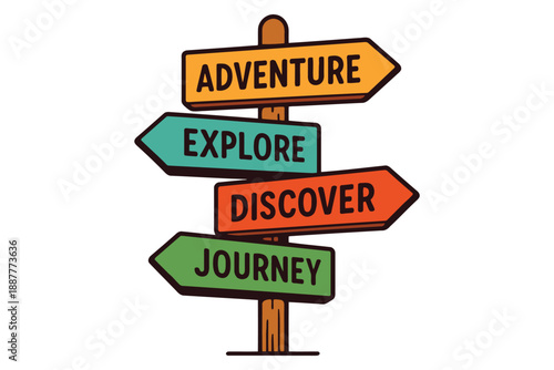 Directional wooden signpost with adventure explore discover and journey text
