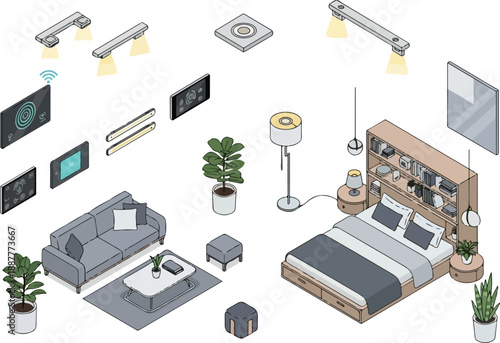 Isometric Interior Design Furniture and Fixtures for Modern Living Spaces