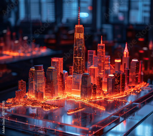 Futuristic 3D city model of Lower Manhattan with glowing skyscrapers, including One World Trade Center, representing New York’s skyline.