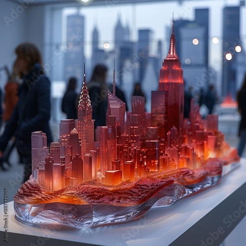 Stylized glowing 3D model of Midtown Manhattan with Empire State and Chrysler Buildings, showcased in a modern exhibition space.
