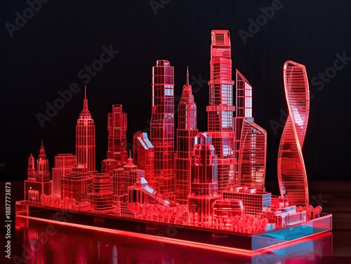 Red glowing 3D cityscape inspired by Moscow’s business district with iconic towers like Evolution and Federation in modern design.