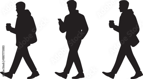 3 Human Silhouettes Walking with Coffee – Flat Minimal Vector Illustration of Daily Life & Lifestyle