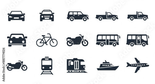 Collection of diverse transportation vehicle icons.