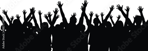 Crowd cheering silhouettes with raised hands celebrating success and unity, black people vector illustration isolated on white background for concert, festival, protest, and community concept design