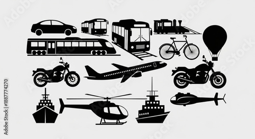 Collection of diverse transportation vehicles and modes of travel.