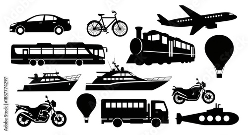 Collection of diverse transportation vehicles and modes silhouette icons.