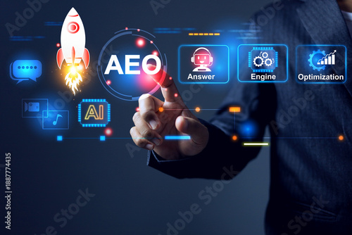 answer engine optimization AEO concept with businessman touch on virtual interface to optimizing answer user queries definitive ai answer in artificial intelligence search results