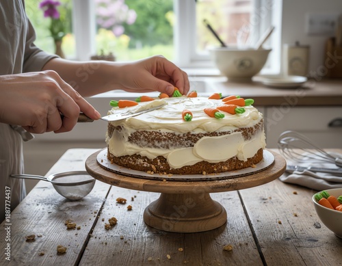 Person decorating a delicious cake in kitchen.