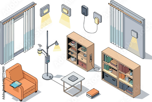 Smart Home Isometric Illustration with Automated Features and Furniture