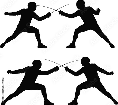 Fencing duel silhouettes collection showing épée sword fighters in dynamic combat stances, black martial sport vector illustrations isolated on white background for training and competition design