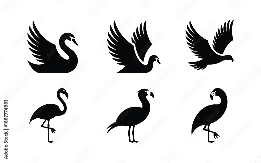 Fototapeta premium Bird silhouette vector set with crane, swan, flamingo and ibis shapes, wildlife logo icons for poster, wedding decor design