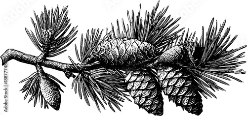 Vintage botanical sketch of spruce branch with needles and cones for design