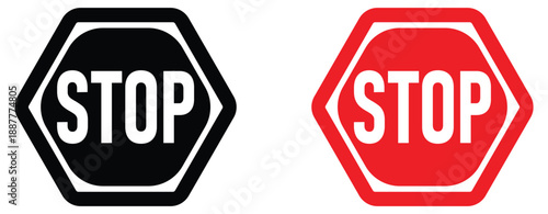 Octagon Stop Sign Icon Set – Red and Black Traffic Warning and Safety Symbols
