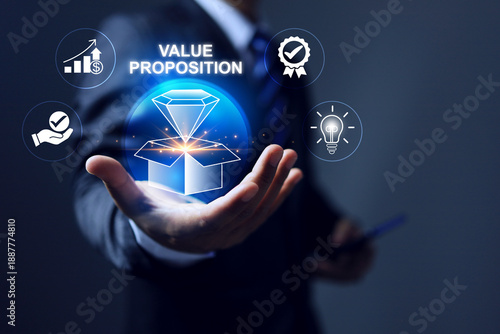 value proposition concept with businessman holding box and diamond represents get business advantage by core value activity such as quality, creativity, honesty and right