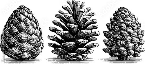 Vintage botanical engraving of spruce cones in 19th century forest specimen