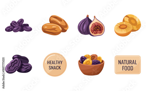 Healthy snack label set, dried plums prunes figs graphics, natural food sticker, diet plan promotion, nutrition month campaign vector