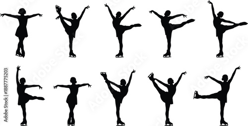 Figure skating silhouettes collection featuring graceful ice skater poses, black winter sports vector illustrations isolated on white background for training posters and graphic design
