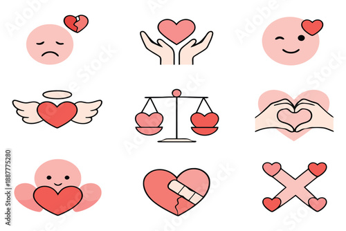 Heart Emotional Icons Set for Care Healing and Relationship Support Concepts