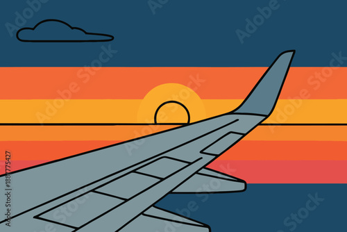 View from Airplane Window of Wing Flying over Sunset Clouds