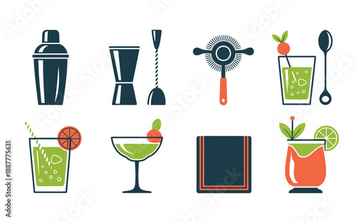 Bartender tools and cocktail icon set with shaker, jigger, bar spoon, strainer, muddler, recipe board, lime garnish, party drink design