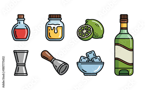 Cocktail ingredients icons, bitters bottle, citrus lime, wine spirit bottle, ice bucket, jigger, barware for tasting night event promotion