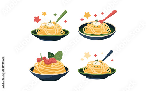 Asian noodle bowl icons, chopsticks garnish sparkles, ramen udon pho serving, street food festival poster, culinary celebration vector graphics