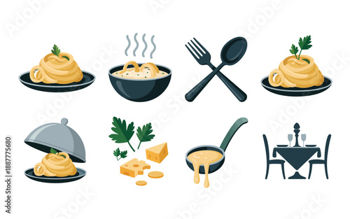 Restaurant dining icons set, steaming soup bowls, crossed cutlery, covered dish, table and chairs, hospitality expo event promotion vector