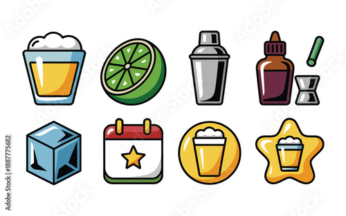 Cocktail sticker icons set, beer glass, lime wheel, shaker, ice cube, star badge, party bar event signage vector collection