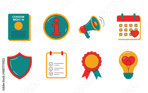 Information day icon set, help desk sign, loudspeaker notice, calendar reminder, travel document card, security shields, award ribbon, idea bulb