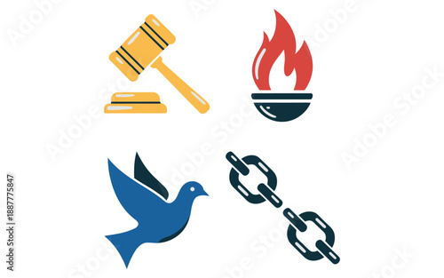Human rights day icons, peace dove, judge gavel, eternal flame, broken chains, freedom march poster, justice advocacy event, graphics