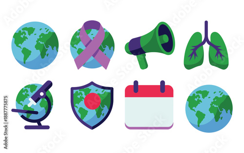 Global awareness ribbon campaign icons, planet earth, stethoscope heart, megaphone voice, calendar date, healthy lungs, community health outreach events