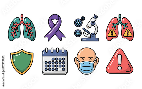 Respiratory disease awareness icons, purple ribbon, infected lungs, bacteria germs, calendar with mask, clinic safety session, healthcare prevention campaign