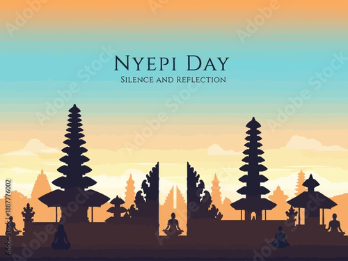 Nyepi Day Silence and Reflection with Balinese Temples and Meditating Figures.