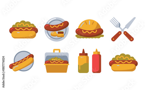 Summer cookout icons, gourmet hot dogs, relish and mustard, chili bowl, forks and knives, picnic party branding, backyard barbecue vector
