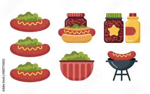 Hot dog festival icons, street food stand, buns with sausage, relish jars, ketchup mustard bottles, charcoal grill, summer fair