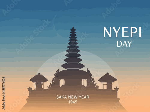 Nyepi Day Balinese Hindu Temple Silhouette with Pagoda and Traditional Structures.
